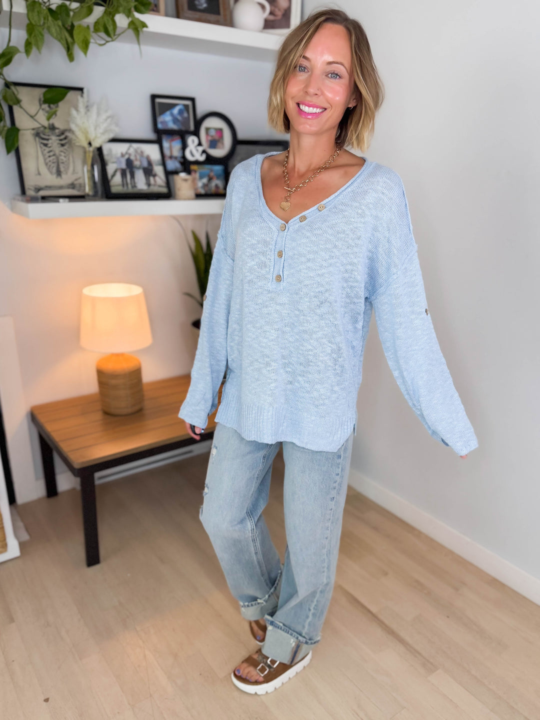Kaia Henley Button Up Knit Sweater- BLUE
