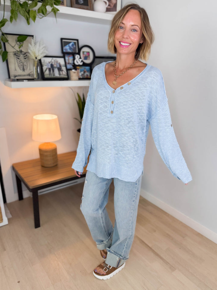 Kaia Henley Button Up Knit Sweater- BLUE