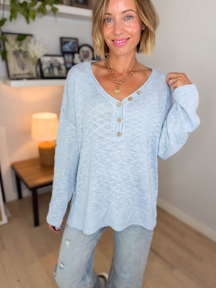 Kaia Henley Button Up Knit Sweater- BLUE