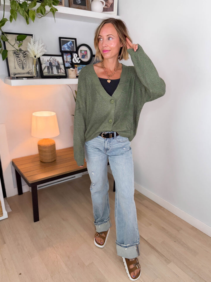 Bronte Button Down Cropped Cardigan- SAGE