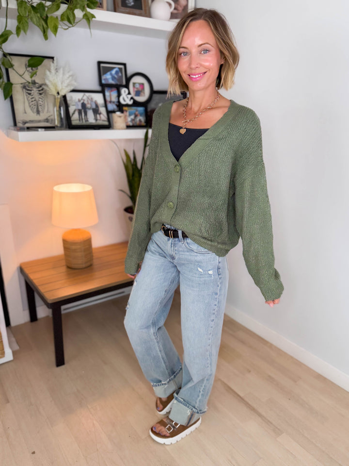 Bronte Button Down Cropped Cardigan- SAGE