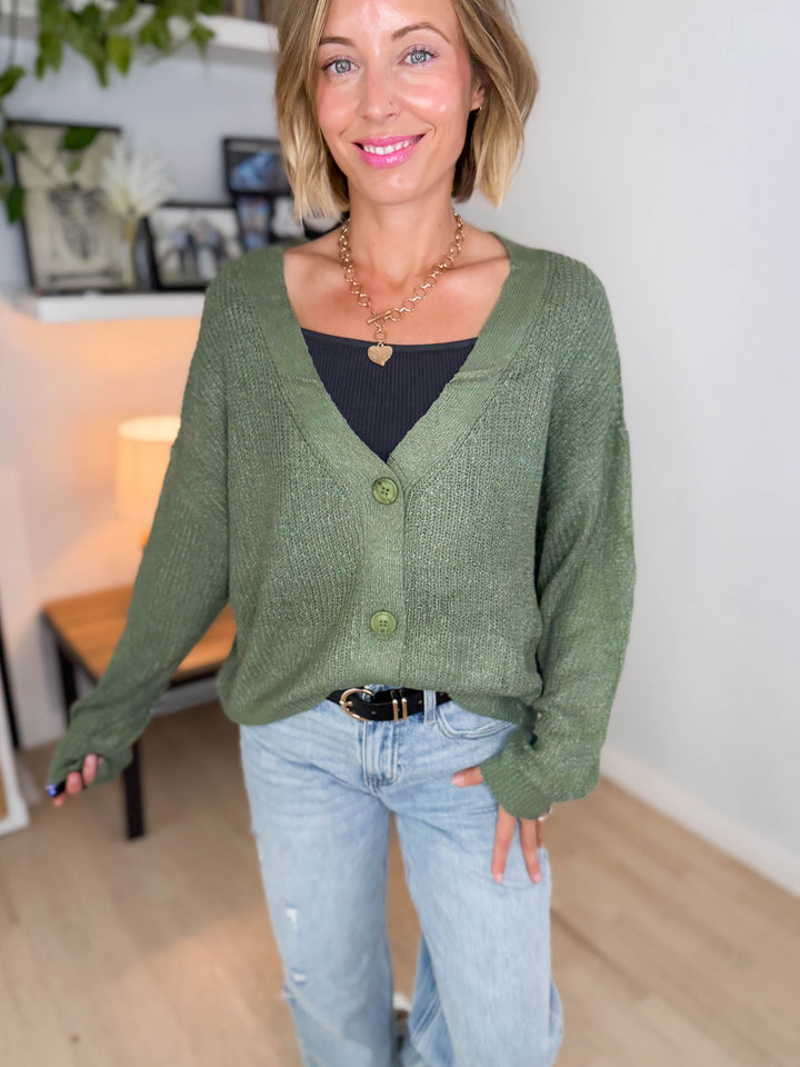 Bronte Button Down Cropped Cardigan- SAGE