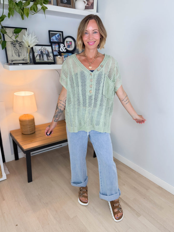 Amalfi Coast Open Crochet Tunic Button Up Short Sleeve- SAGE