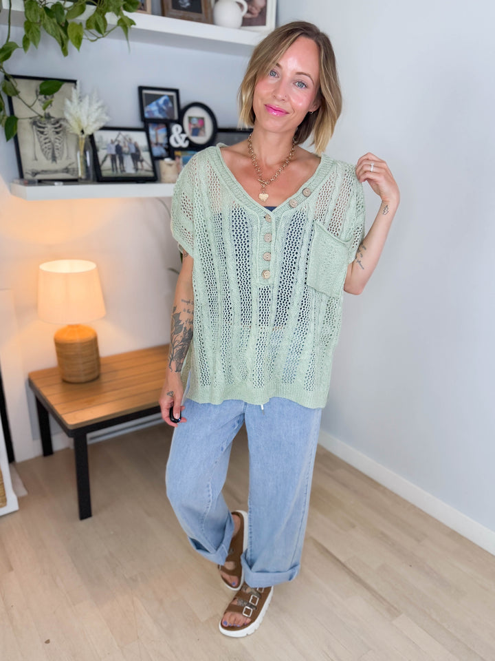 Amalfi Coast Open Crochet Tunic Button Up Short Sleeve- SAGE