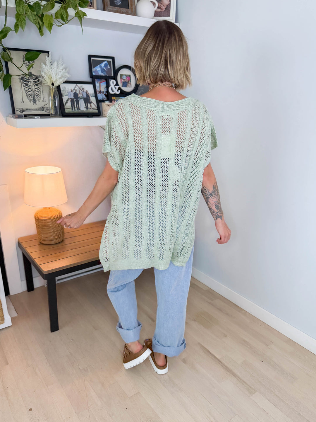 Amalfi Coast Open Crochet Tunic Button Up Short Sleeve- SAGE