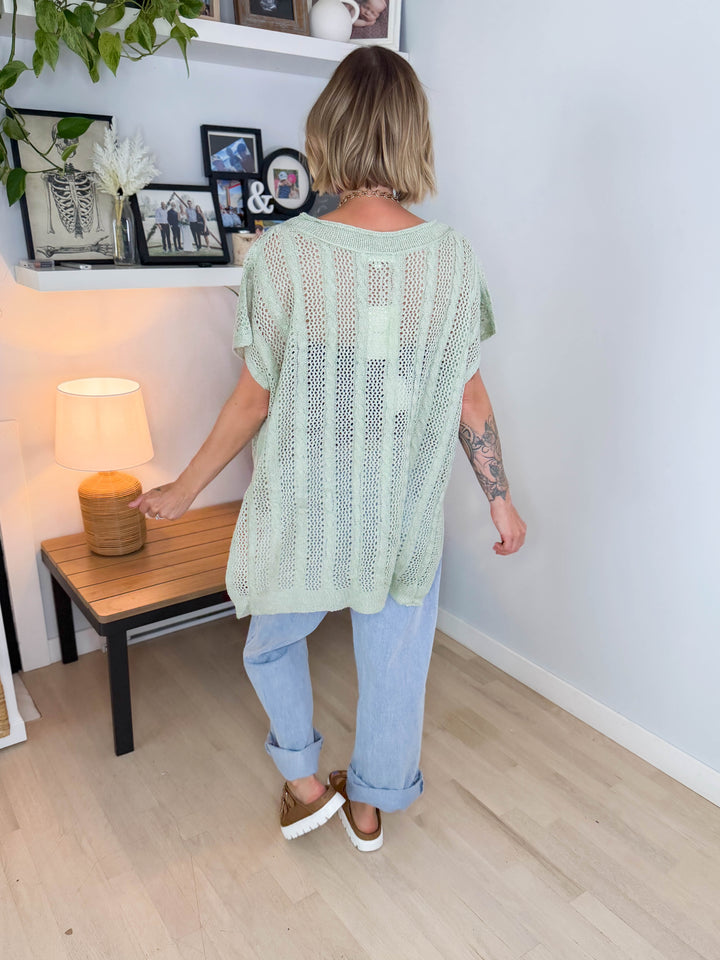 Amalfi Coast Open Crochet Tunic Button Up Short Sleeve- SAGE
