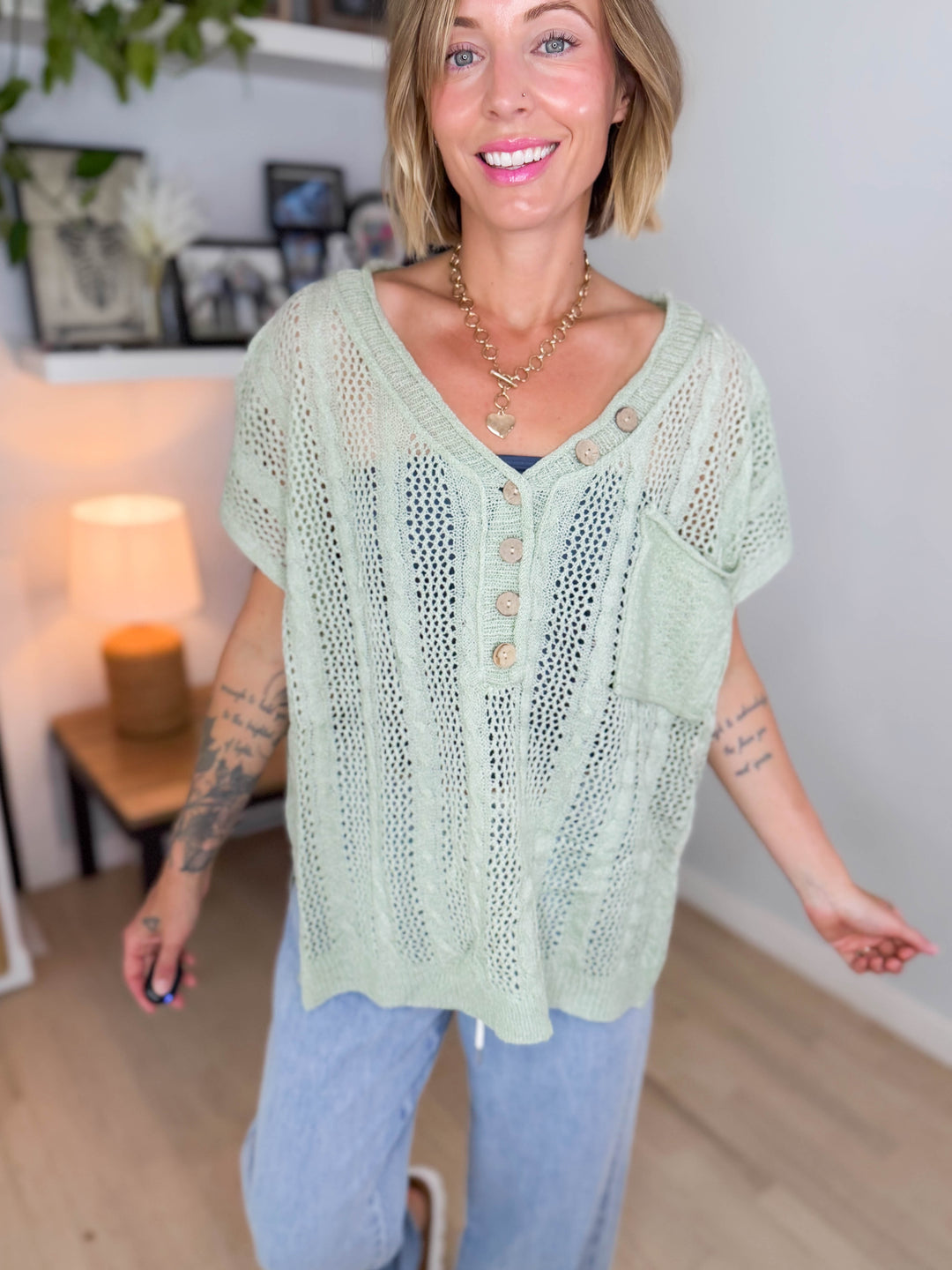 Amalfi Coast Open Crochet Tunic Button Up Short Sleeve- SAGE