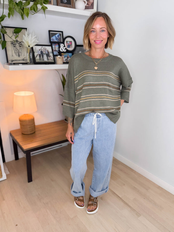Driftwood Drop Shoulder Knit Sweater Top-SAGE