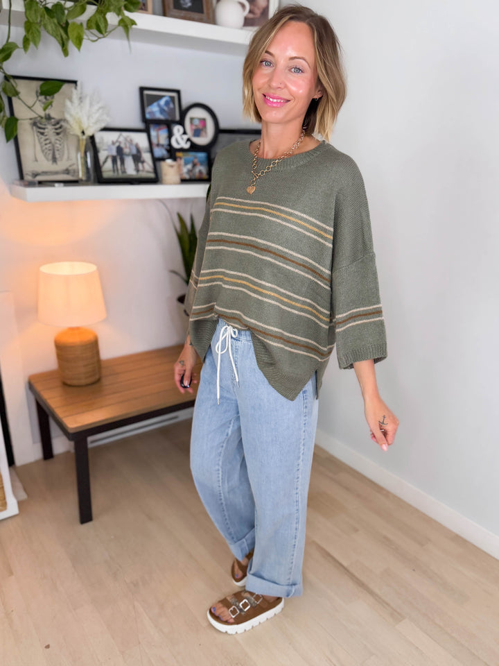 Driftwood Drop Shoulder Knit Sweater Top-SAGE