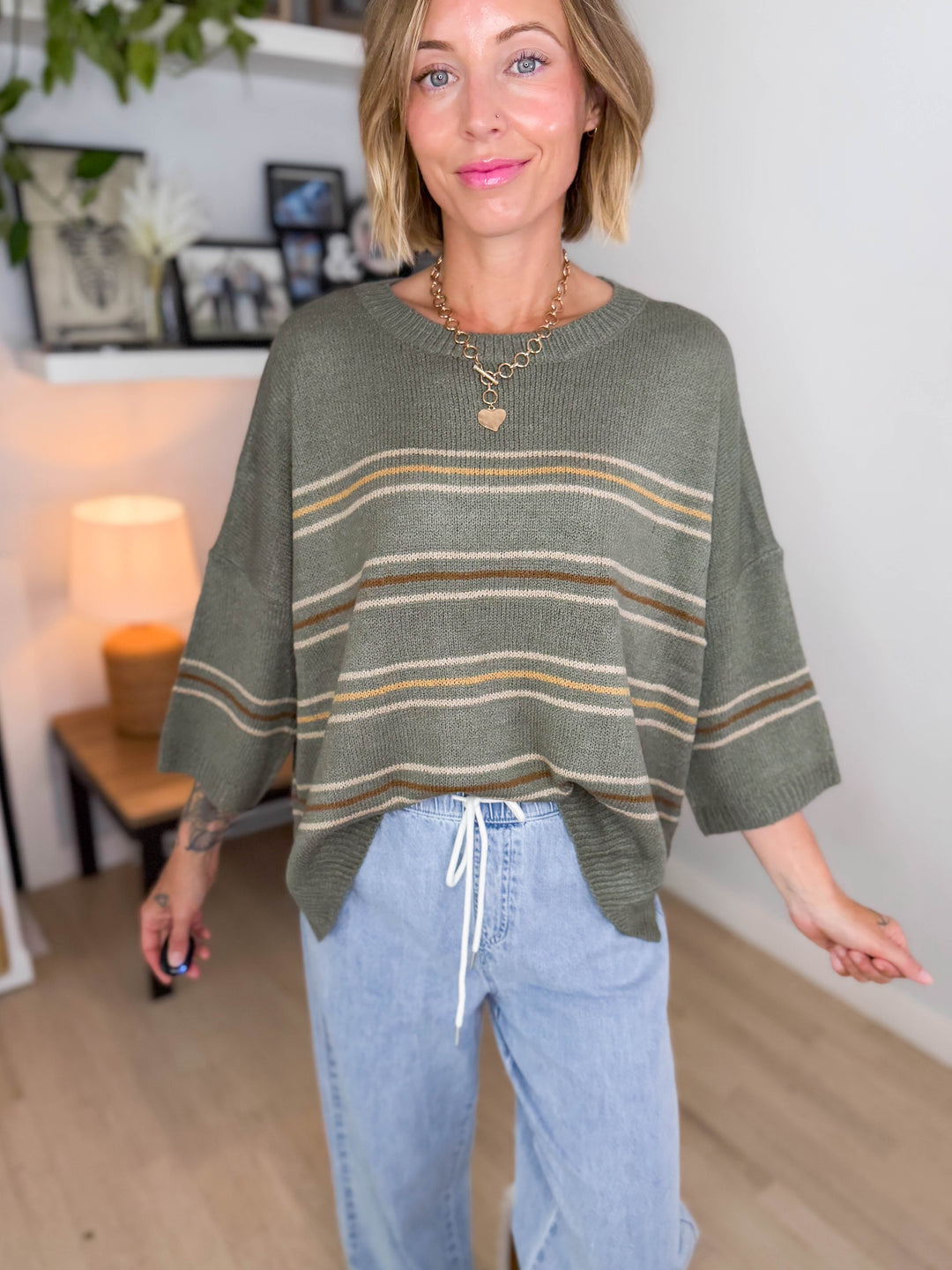 Driftwood Drop Shoulder Knit Sweater Top-SAGE