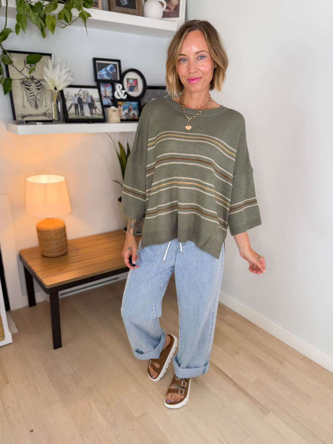Driftwood Drop Shoulder Knit Sweater Top-SAGE