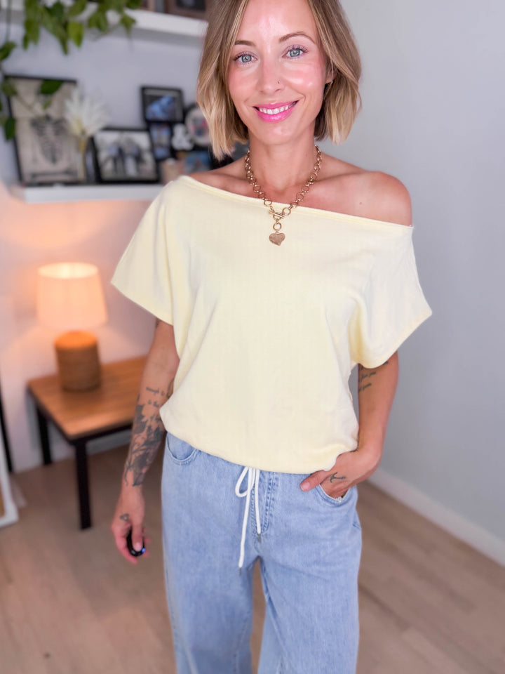 Janice Fleece Off Shoulder Top- LEMONILLA