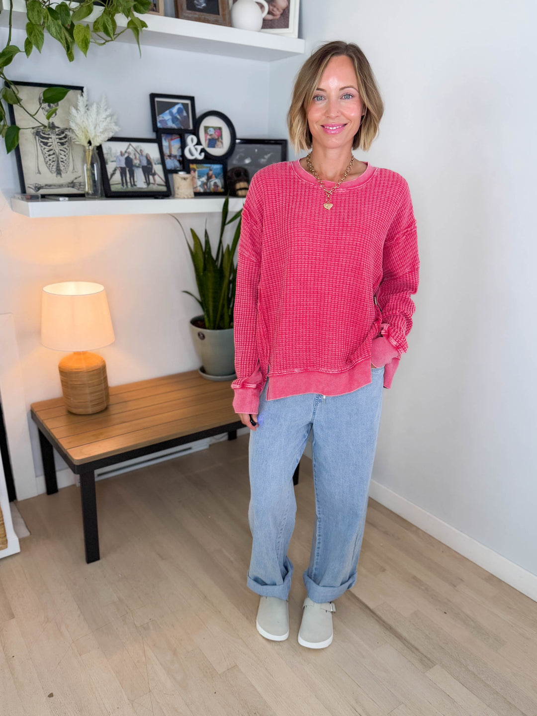 Brielle Mineral Washed Thermal Pullover- BOHO RED