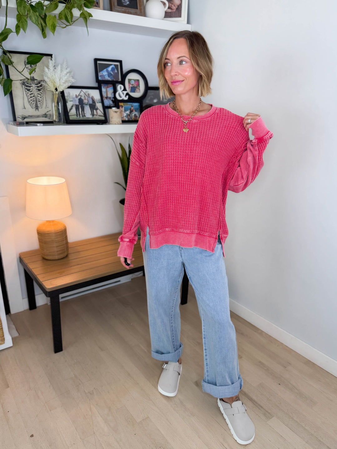Brielle Mineral Washed Thermal Pullover- BOHO RED