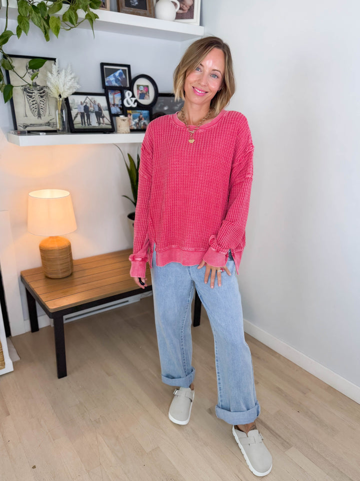 Brielle Mineral Washed Thermal Pullover- BOHO RED