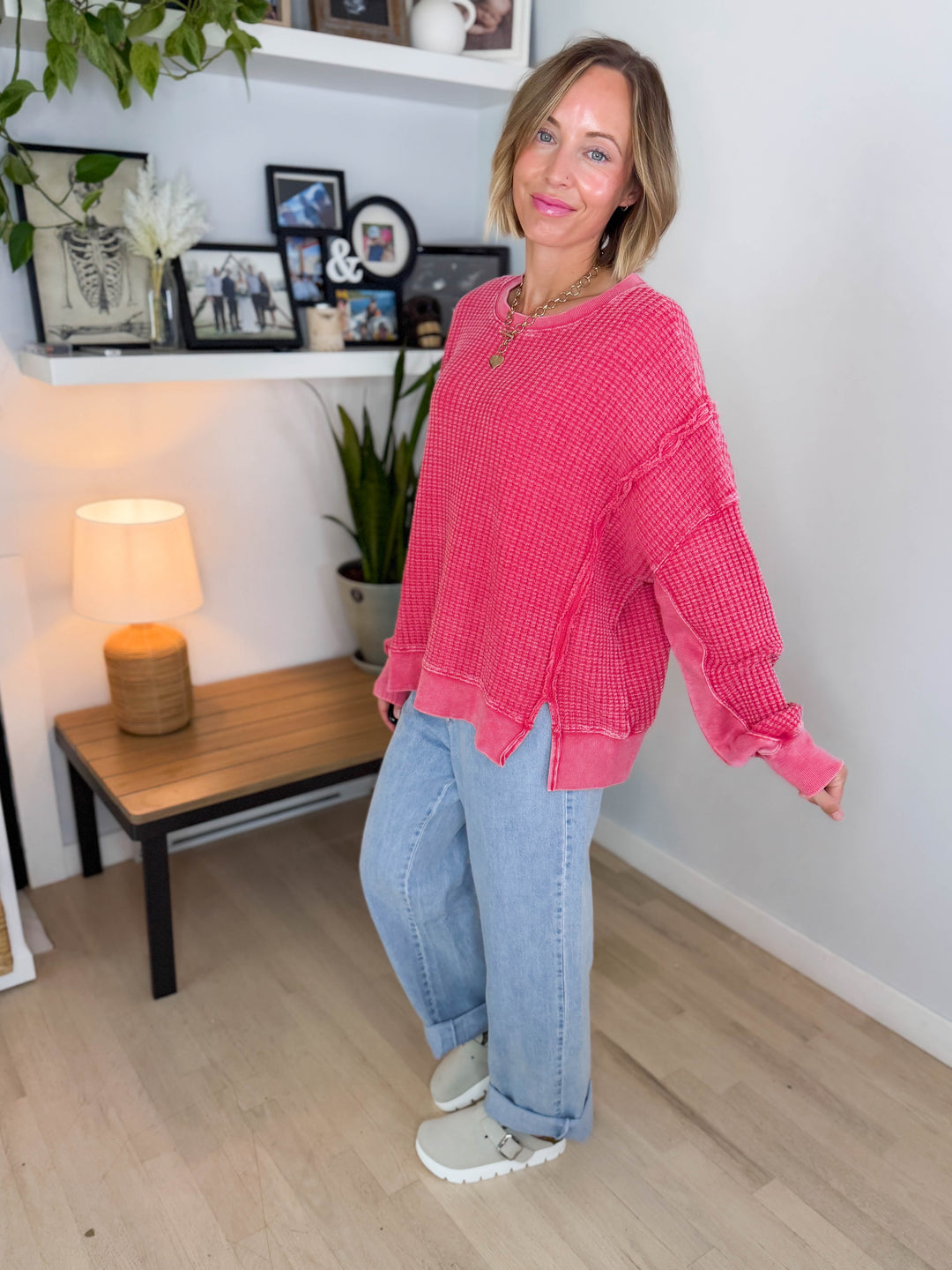 Brielle Mineral Washed Thermal Pullover- BOHO RED