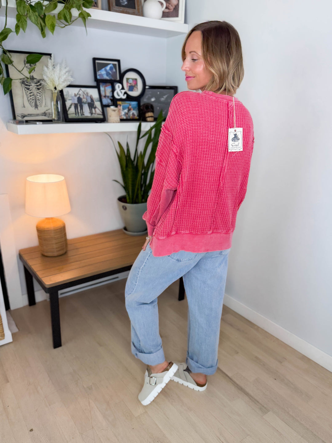 Brielle Mineral Washed Thermal Pullover- BOHO RED