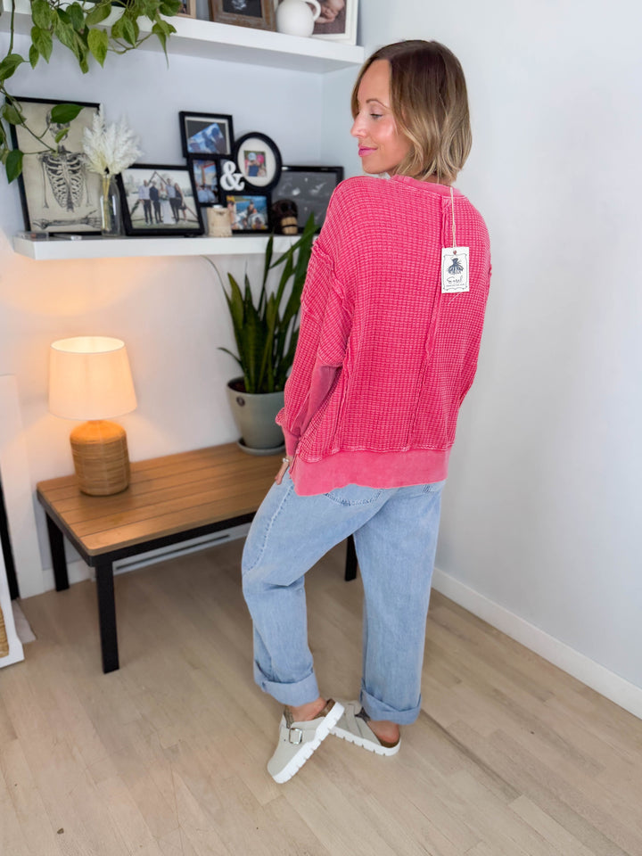 Brielle Mineral Washed Thermal Pullover- BOHO RED