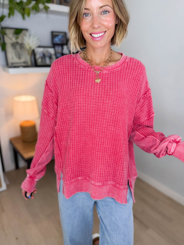 Brielle Mineral Washed Thermal Pullover- BOHO RED