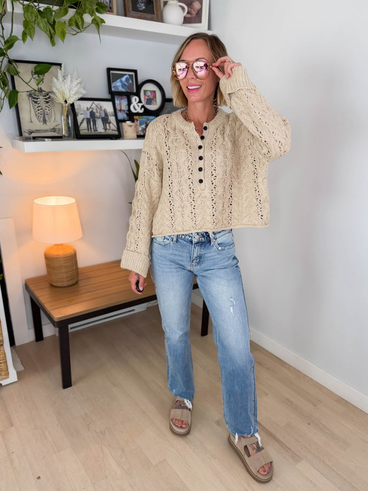 Cove Textured Cropped Henley Knit Sweater- OAT