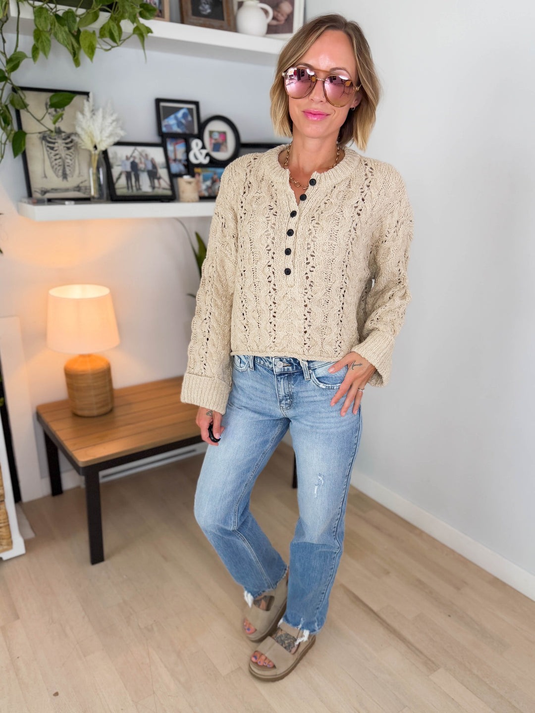 Cove Textured Cropped Henley Knit Sweater- OAT