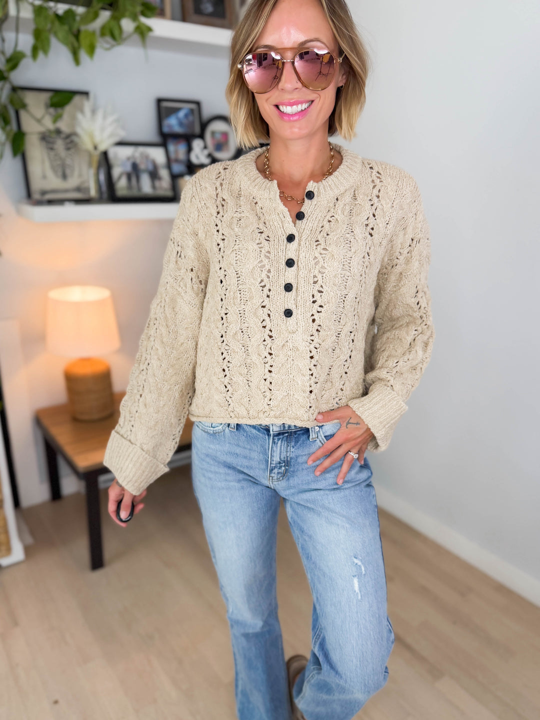 Cove Textured Cropped Henley Knit Sweater- OAT