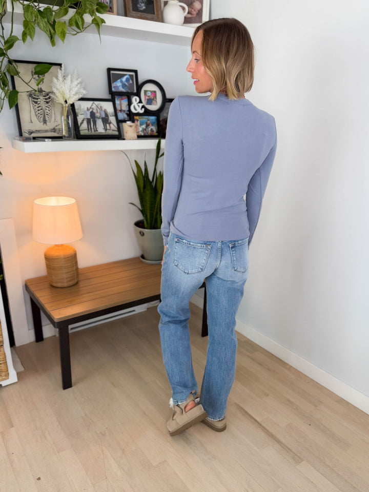 Tansy Basic Crewneck Longsleeve Knit Top- VINTAGE BLUE