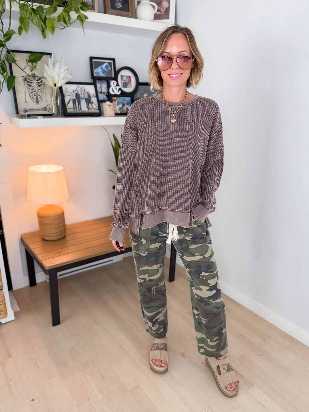 Brielle Mineral Washed Thermal Pullover- DARK BROWN