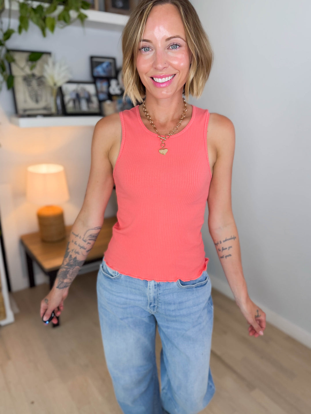 Pacifica Ribbed Scoop Neck Tank- CORAL