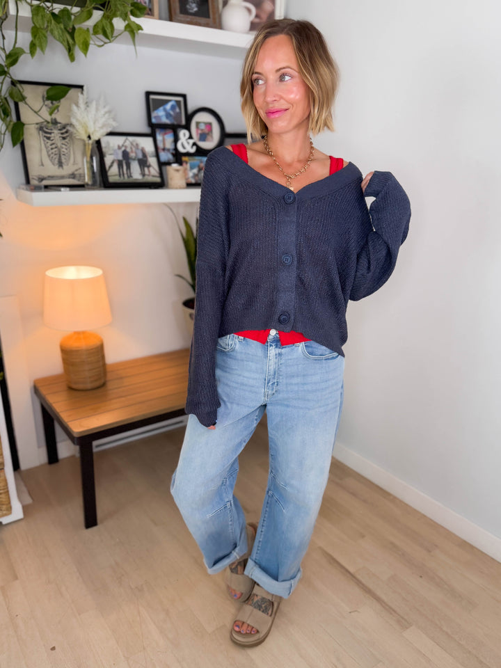 Bronte Button Down Cropped Cardigan- GREY/BLUE