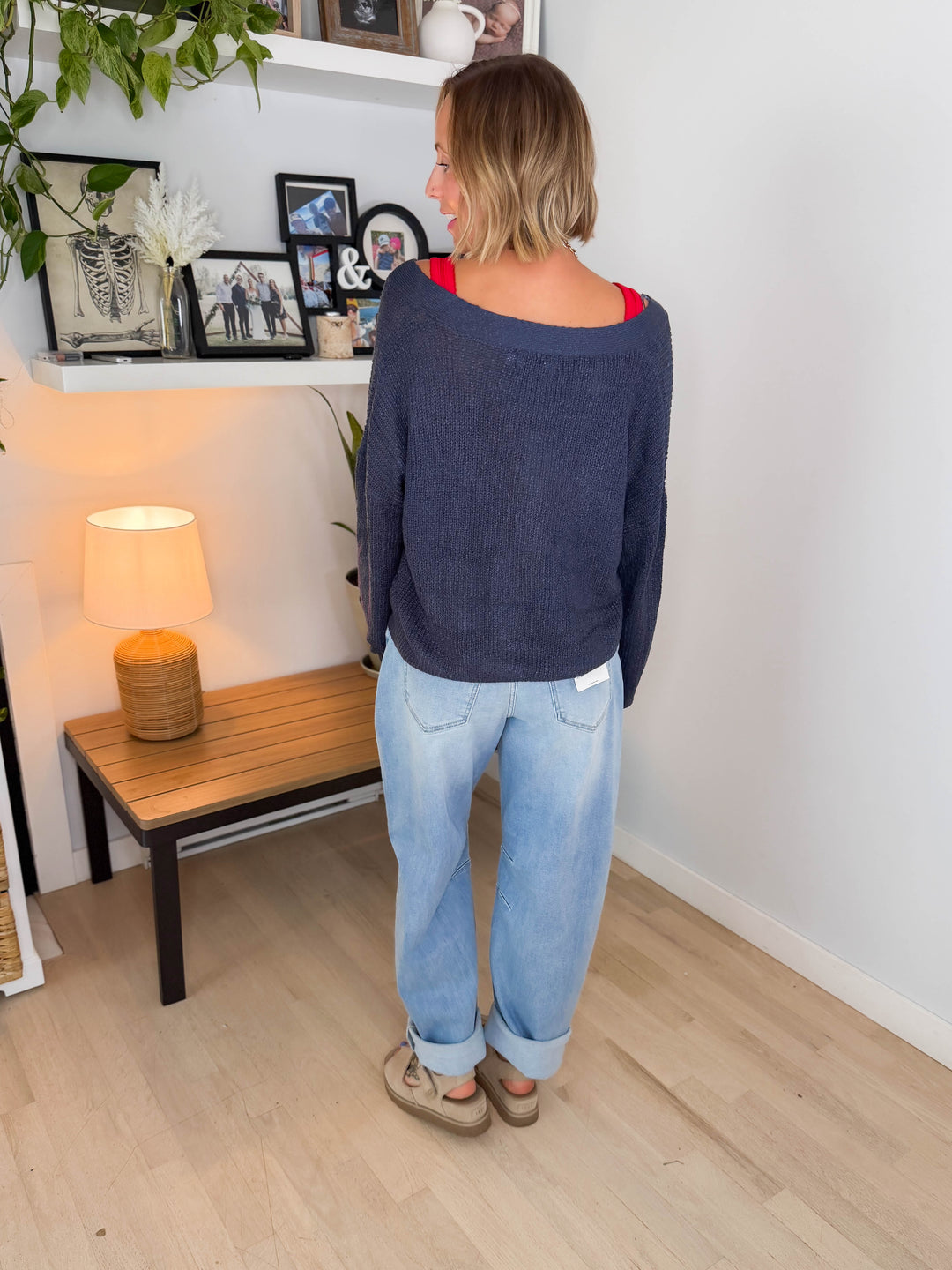 Bronte Button Down Cropped Cardigan- GREY/BLUE