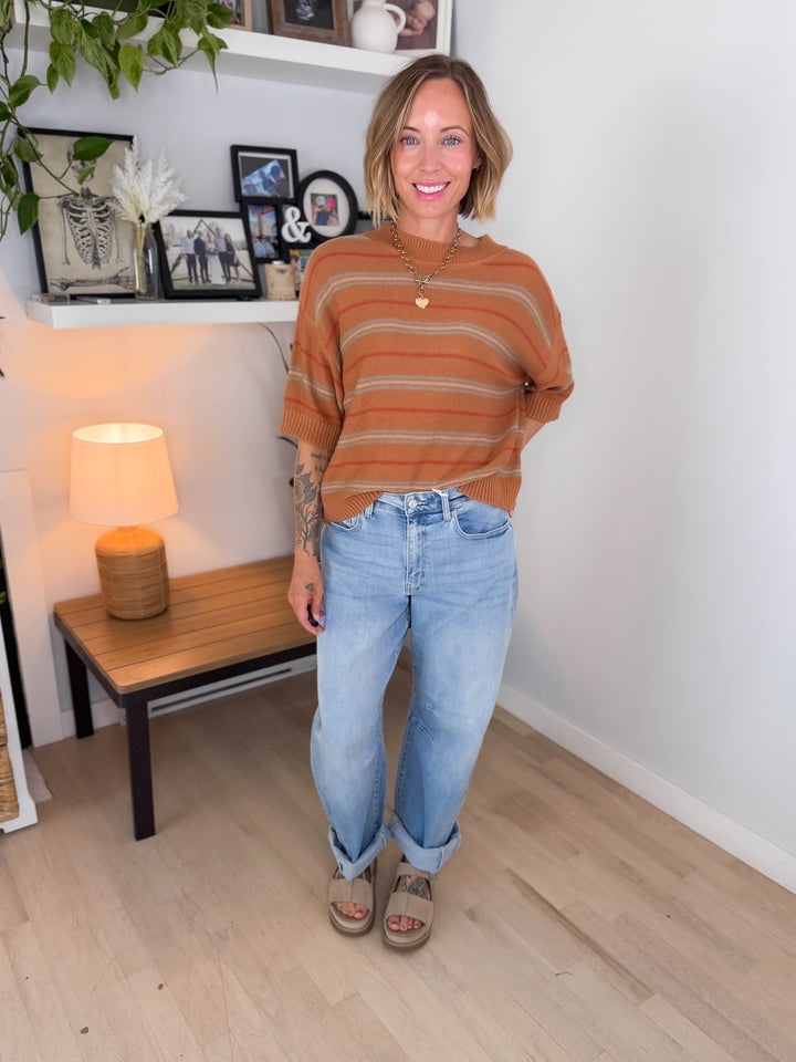 Topaz Drop Shoulder Knit Sweater Top- RUST