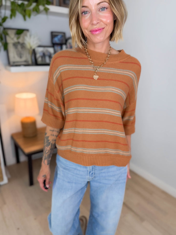 Topaz Drop Shoulder Knit Sweater Top- RUST