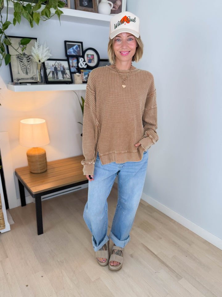 Brielle Mineral Washed Thermal Pullover- ALMOND