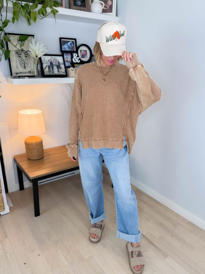 Brielle Mineral Washed Thermal Pullover- ALMOND