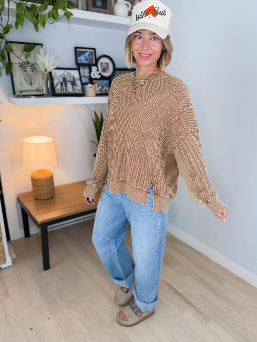 Brielle Mineral Washed Thermal Pullover- ALMOND