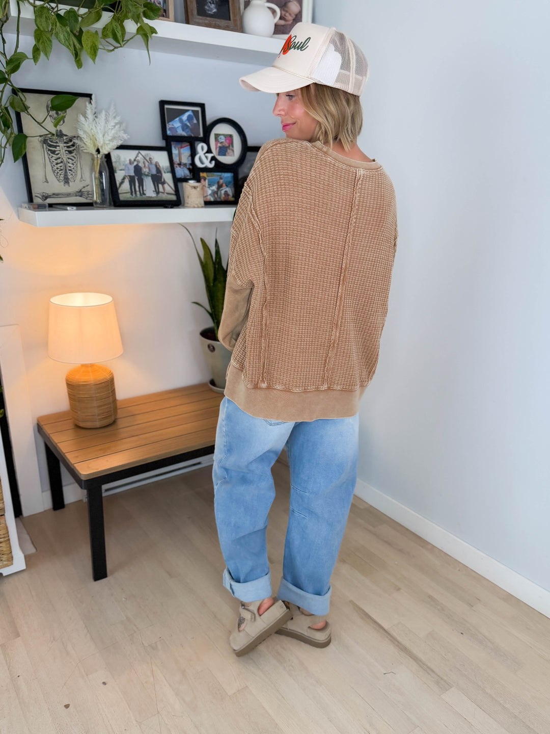 Brielle Mineral Washed Thermal Pullover- ALMOND