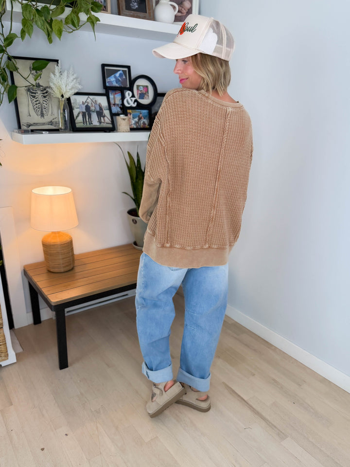 Brielle Mineral Washed Thermal Pullover- ALMOND