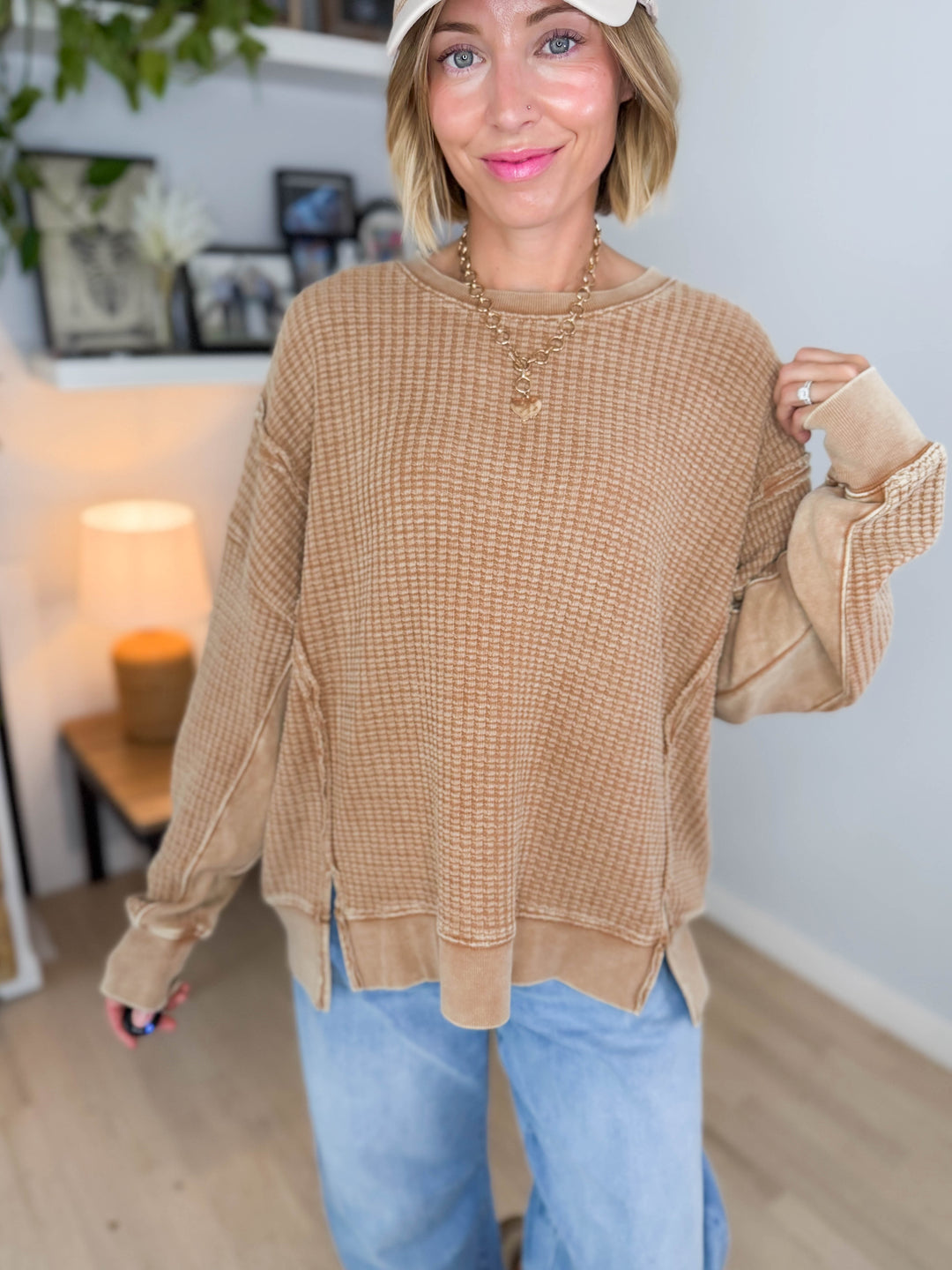 Brielle Mineral Washed Thermal Pullover- ALMOND
