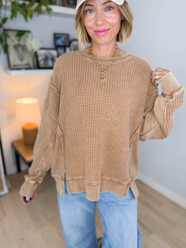 Brielle Mineral Washed Thermal Pullover- ALMOND