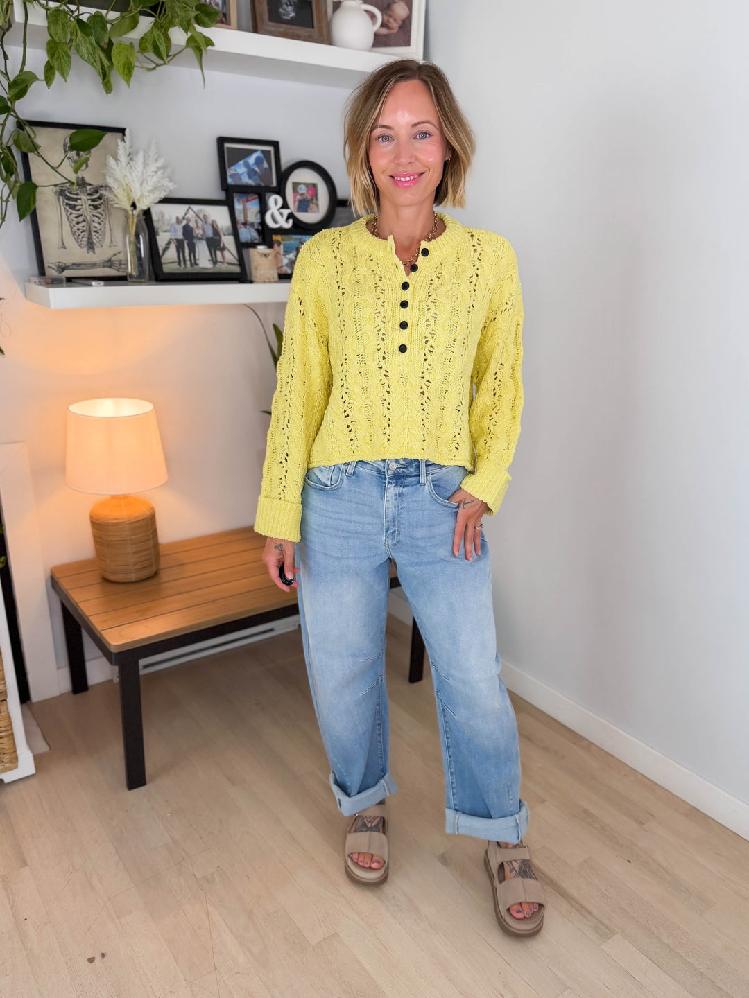 Cove Textured Cropped Henley Knit Sweater- YELLOW