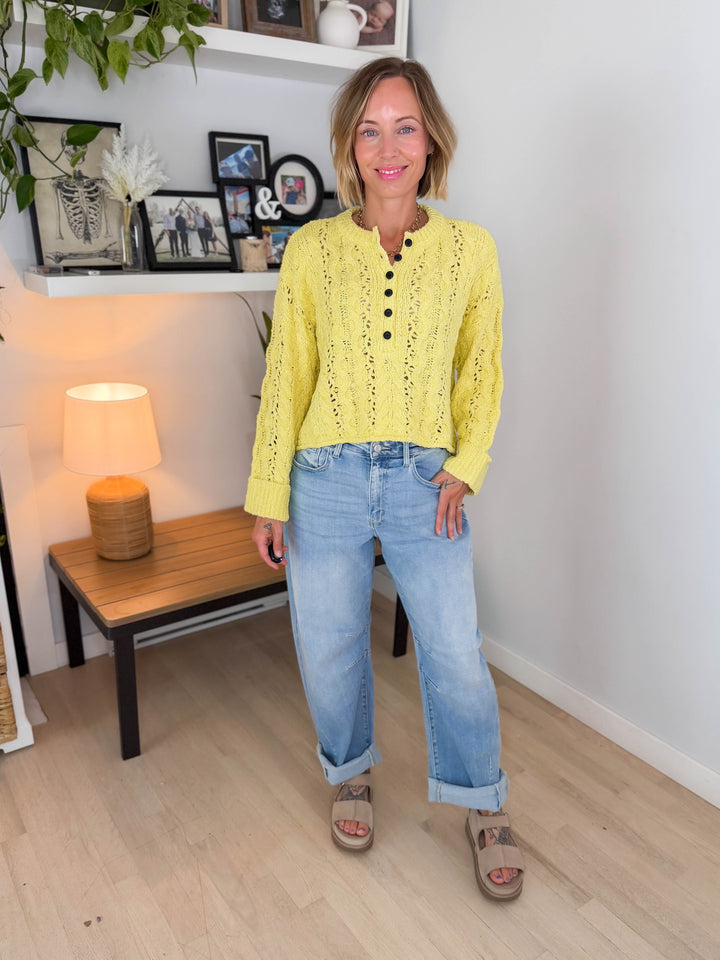 Cove Textured Cropped Henley Knit Sweater- YELLOW