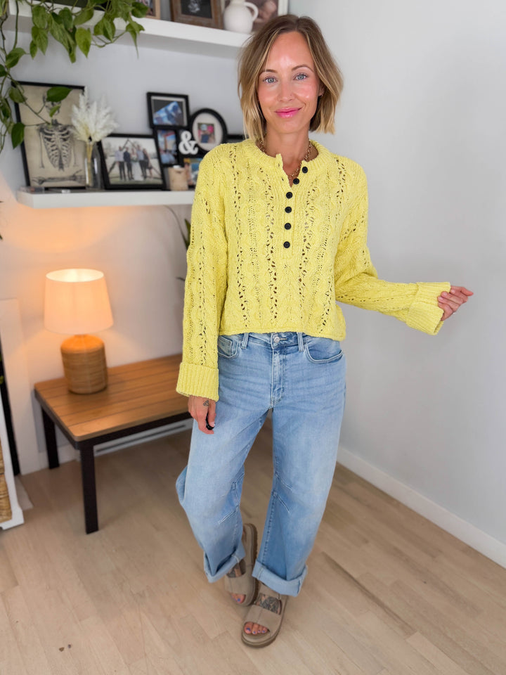 Cove Textured Cropped Henley Knit Sweater- YELLOW