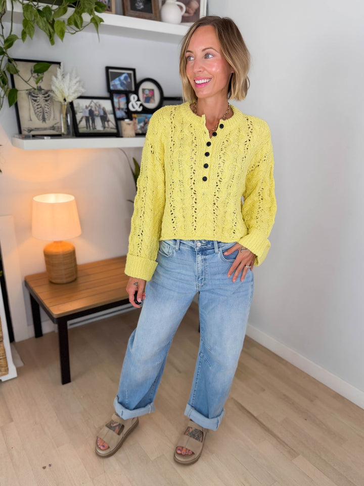 Cove Textured Cropped Henley Knit Sweater- YELLOW