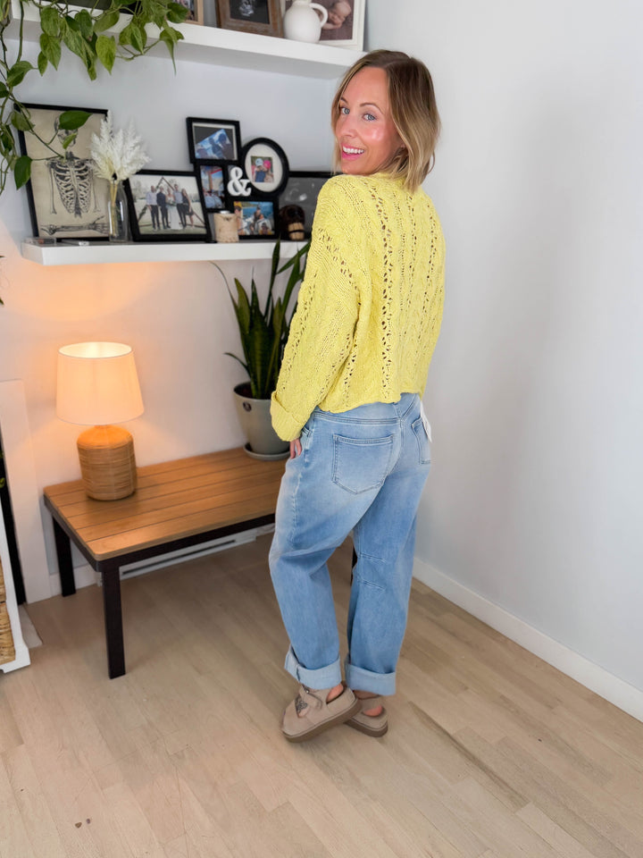 Cove Textured Cropped Henley Knit Sweater- YELLOW