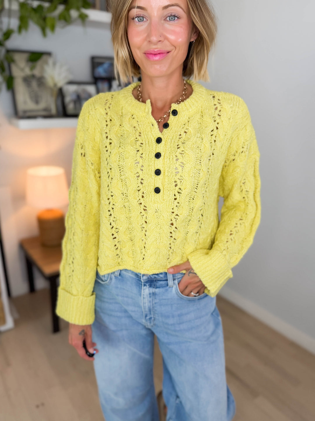 Cove Textured Cropped Henley Knit Sweater- YELLOW
