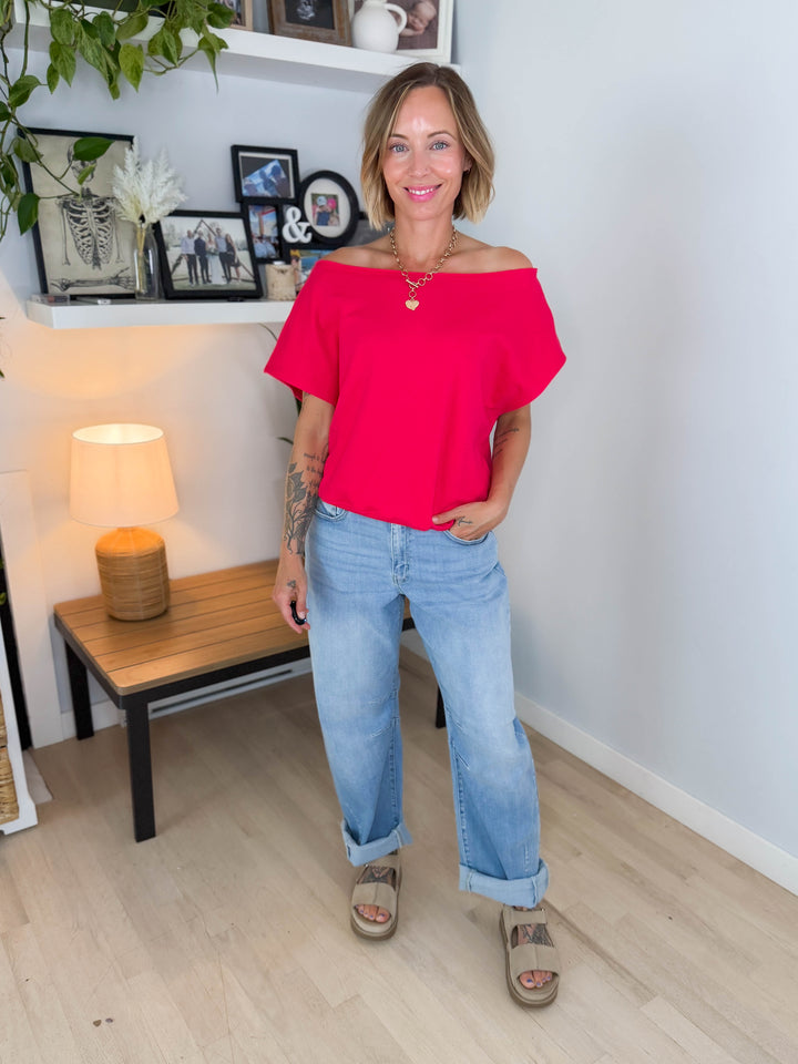 Janice Fleece Off Shoulder Top- CANDY RED