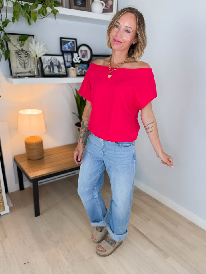 Janice Fleece Off Shoulder Top- CANDY RED