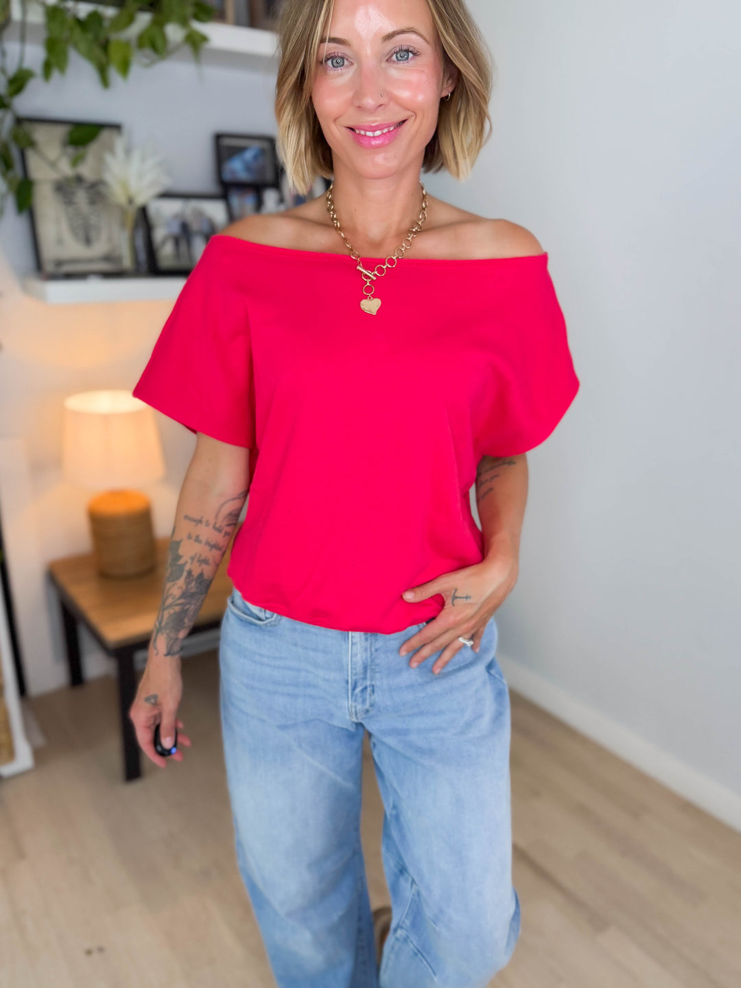 Janice Fleece Off Shoulder Top- CANDY RED