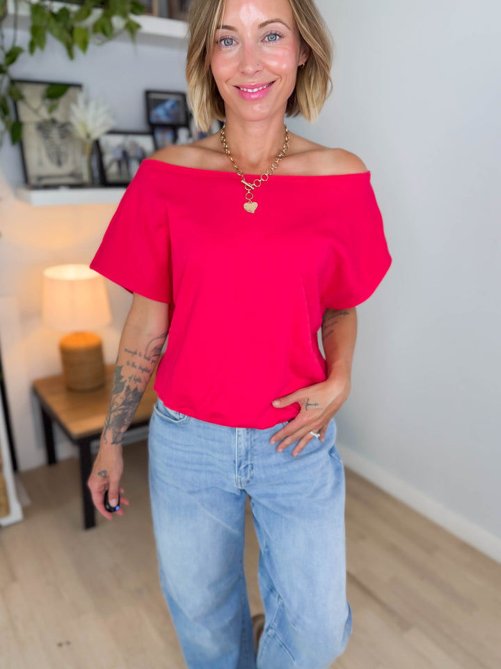 Janice Fleece Off Shoulder Top- CANDY RED